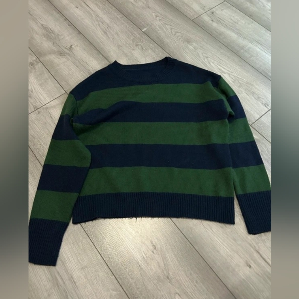 SHEIN Green and Navy Striped Knit Sweater